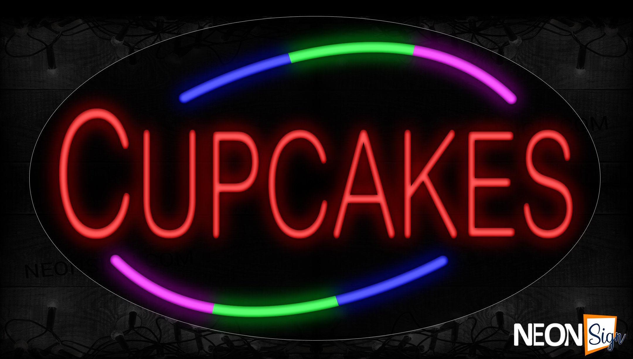 Image of 14582 Cupcakes With Colorful Arc Border Neon Signs_17x30 Contoured Black Backing