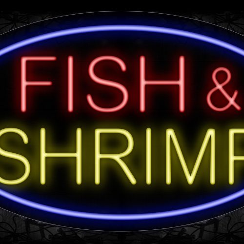 Image of 14588 Fish & Shrimp With Blue Oval Border Neon Sign_17x30 Contoured Black Backing