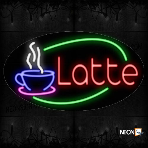 Image of 14595 Latte And Coffee Cup With Green Arc Border Neon Signs_17x30 Contoured Black Backing