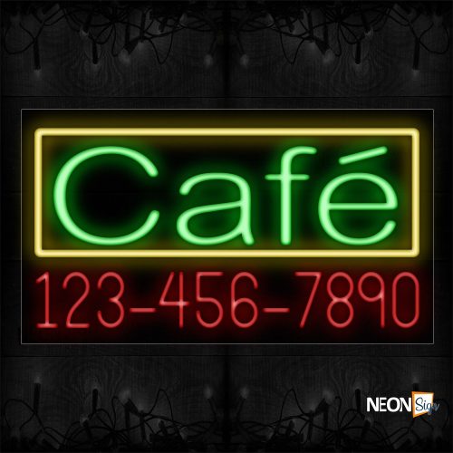 Image of 15019 Cafe And Phone Number With Yellow Border Neon Signs_20x37 Black Backing