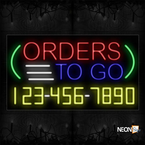Image of 15030 Orders To Go And Phone Number With White Lines And Green Arc Neon Signs_20x37 Black Backing