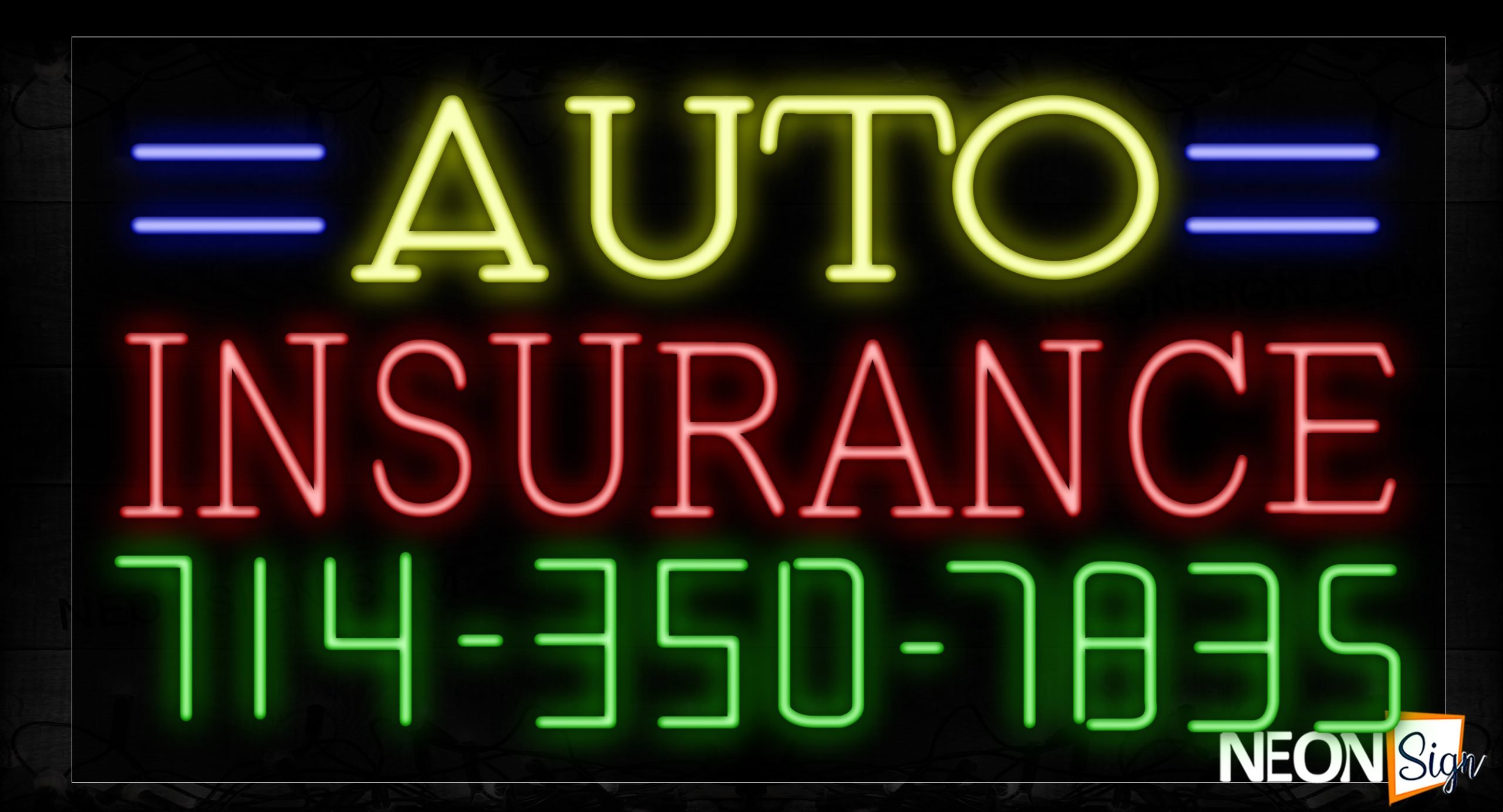 Image of 15041 Auto Insurance And Phone Number With Blue Lines Neon Signs_20x37 Black Backing