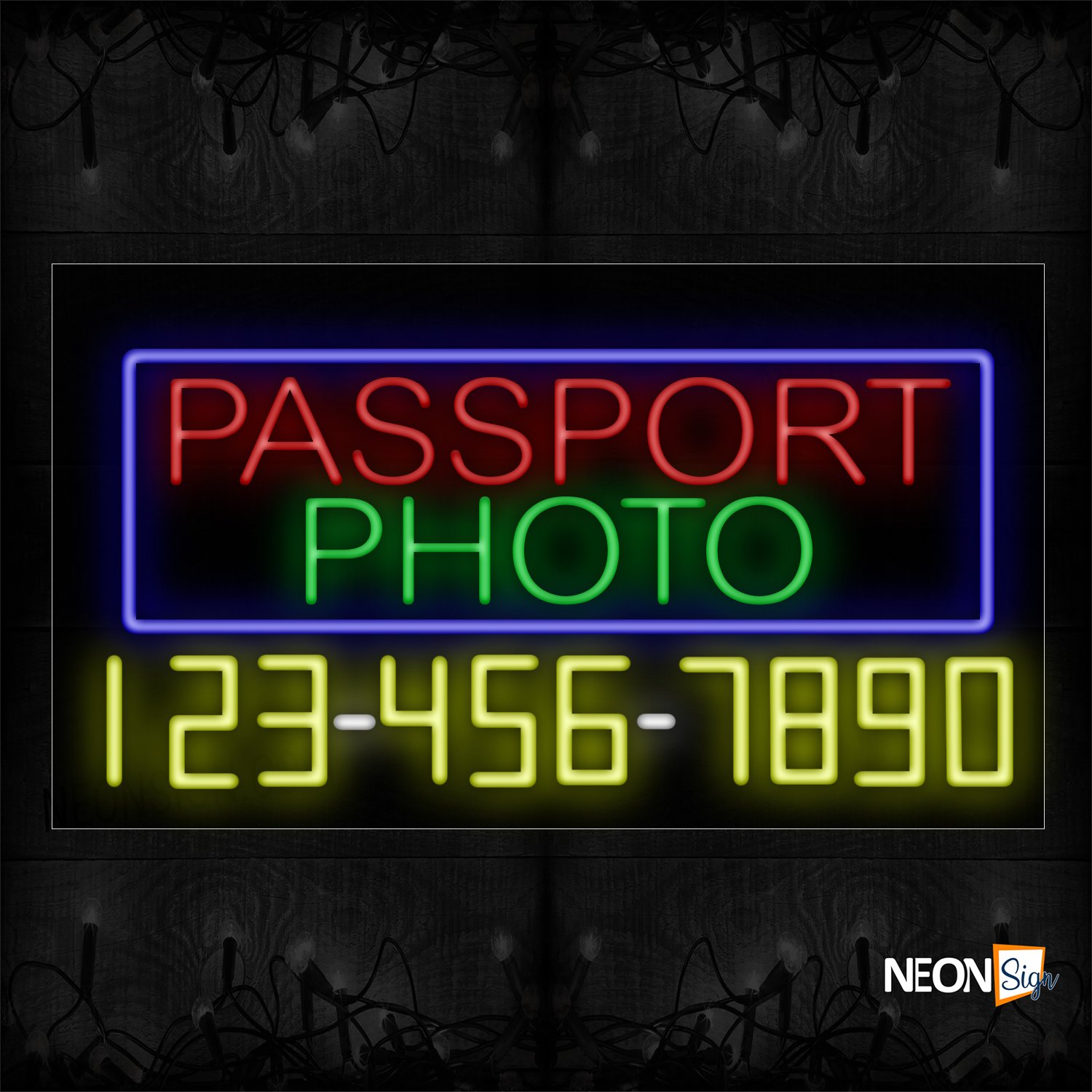 Image of 15091 Passport Photo And Phone Number With Blue Border Neon Signs_20x37 Black Backing