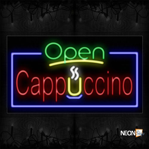 Image of 15422 Open Cappuccino With Blue Border And Logo Neon Signs_20x37 Black Backing