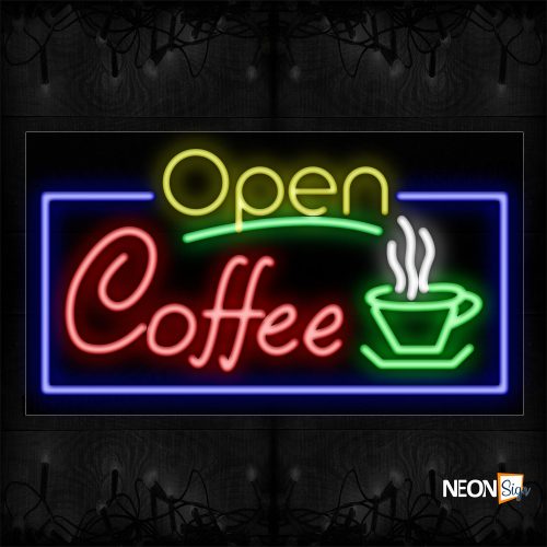 Image of 15424 Open Coffee with blue border and cup of coffee Neon Signs_20x37 Black Backing