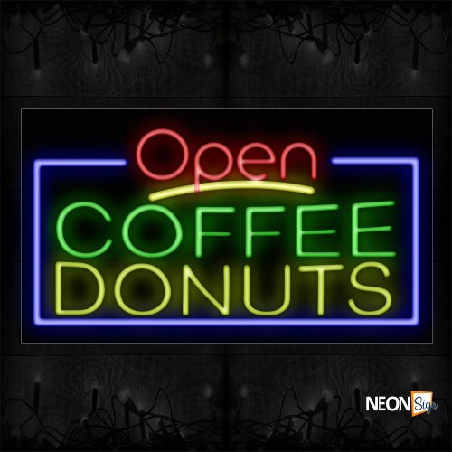 Image of 15425 Open Coffee Donuts With Border Neon Signs_20x37 Black Backing
