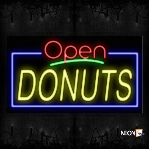 Image of 15427 Open Donuts with blue border Neon Signs_20x37 Black Backing