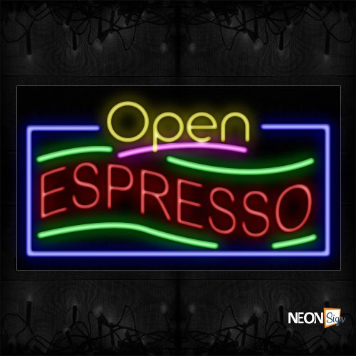Image of 15430 Open Espresso With Green Lines And Blue Border Neon Signs_20x37 Black Backing