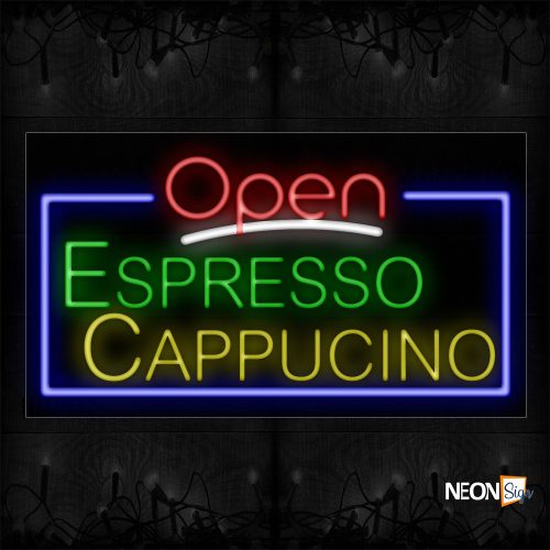 Image of 15431 Open Espresso Cappuccino With Border Neon Signs_20x37 Black Backing