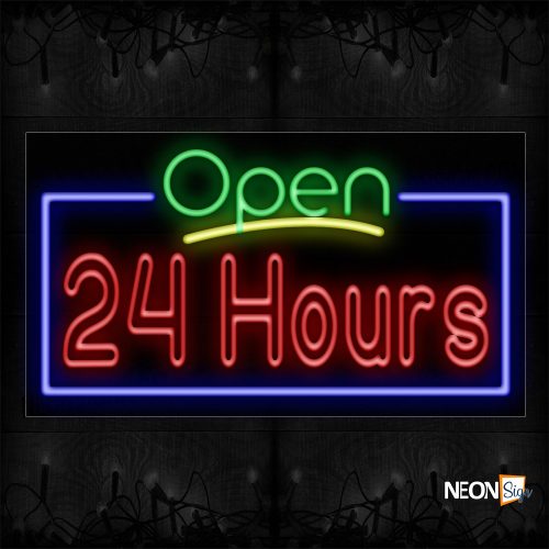 Image of 15434 Open 24 Hours (Double Stroke) with blue border Neon Signs_20x37 Black Backing (1)