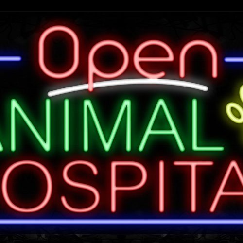 Image of 15445 Open Animal Hospital With Logo And Blue Border Neon Sign_20x37 Contoured Black Backing