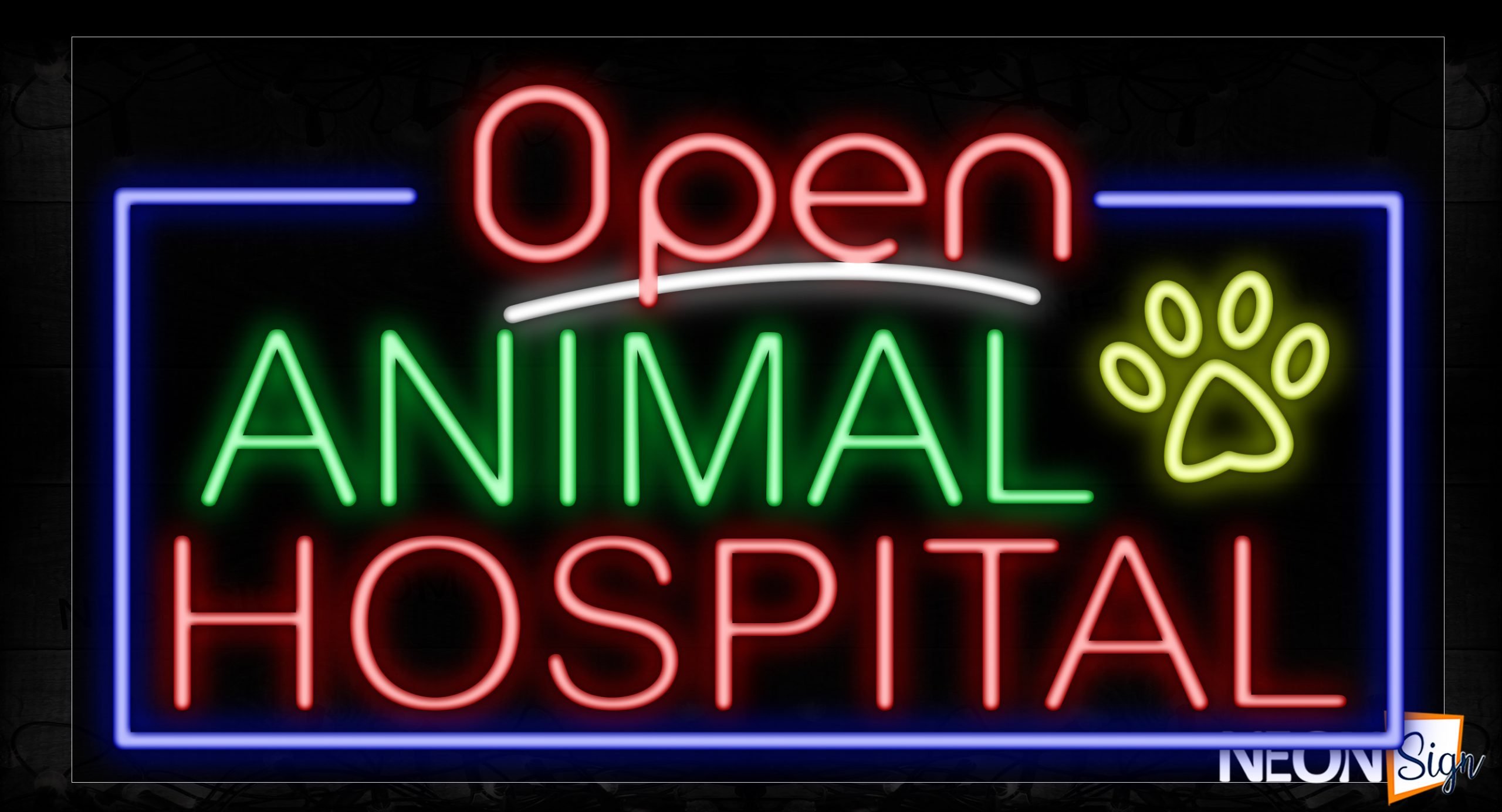 Image of 15445 Open Animal Hospital With Logo And Blue Border Neon Sign_20x37 Contoured Black Backing