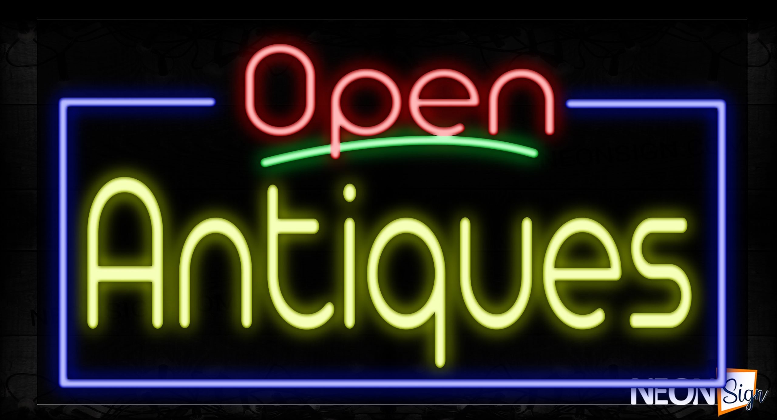 Image of 15446 Open Antiques With Blue Border And Green Line Neon Sign_20x37 Contoured Black Backing