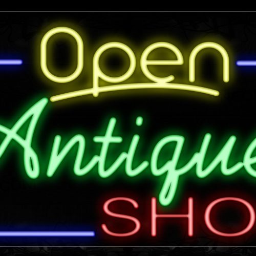Image of 15447 Open Antique Shop With Blue Border Neon Sign_20x37 Contoured Black Backing
