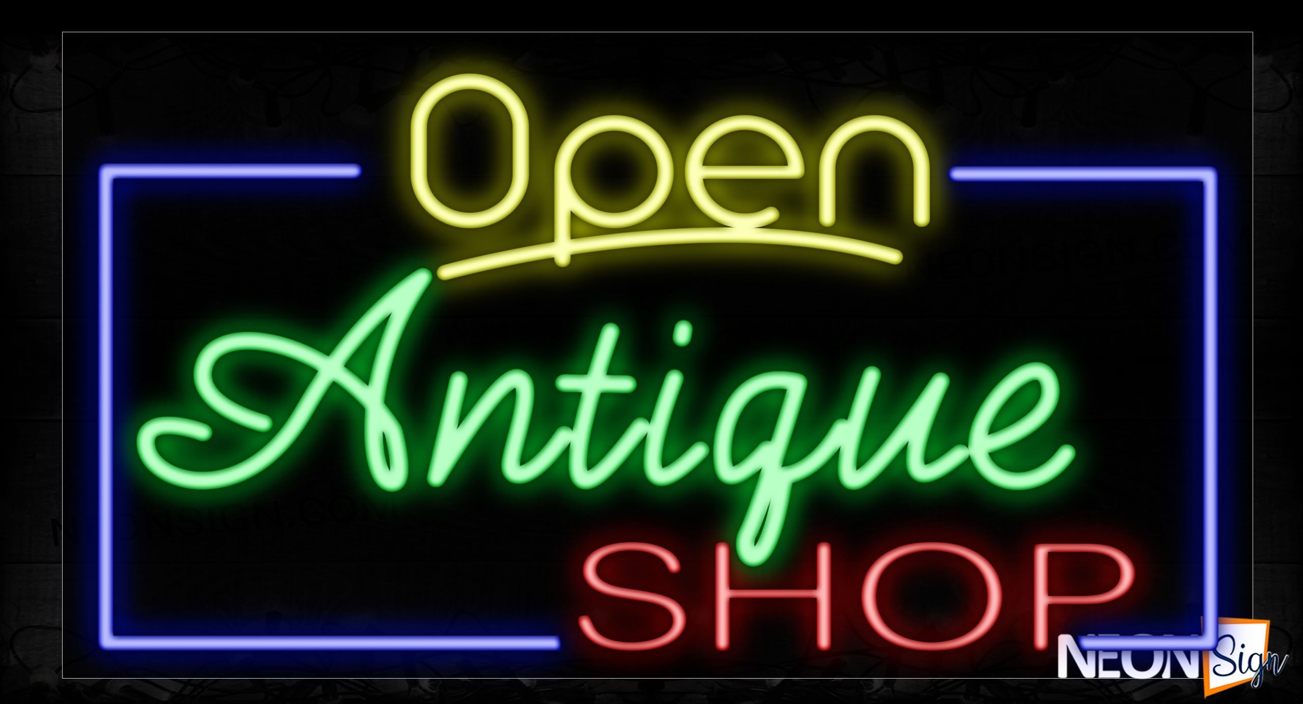 Image of 15447 Open Antique Shop With Blue Border Neon Sign_20x37 Contoured Black Backing