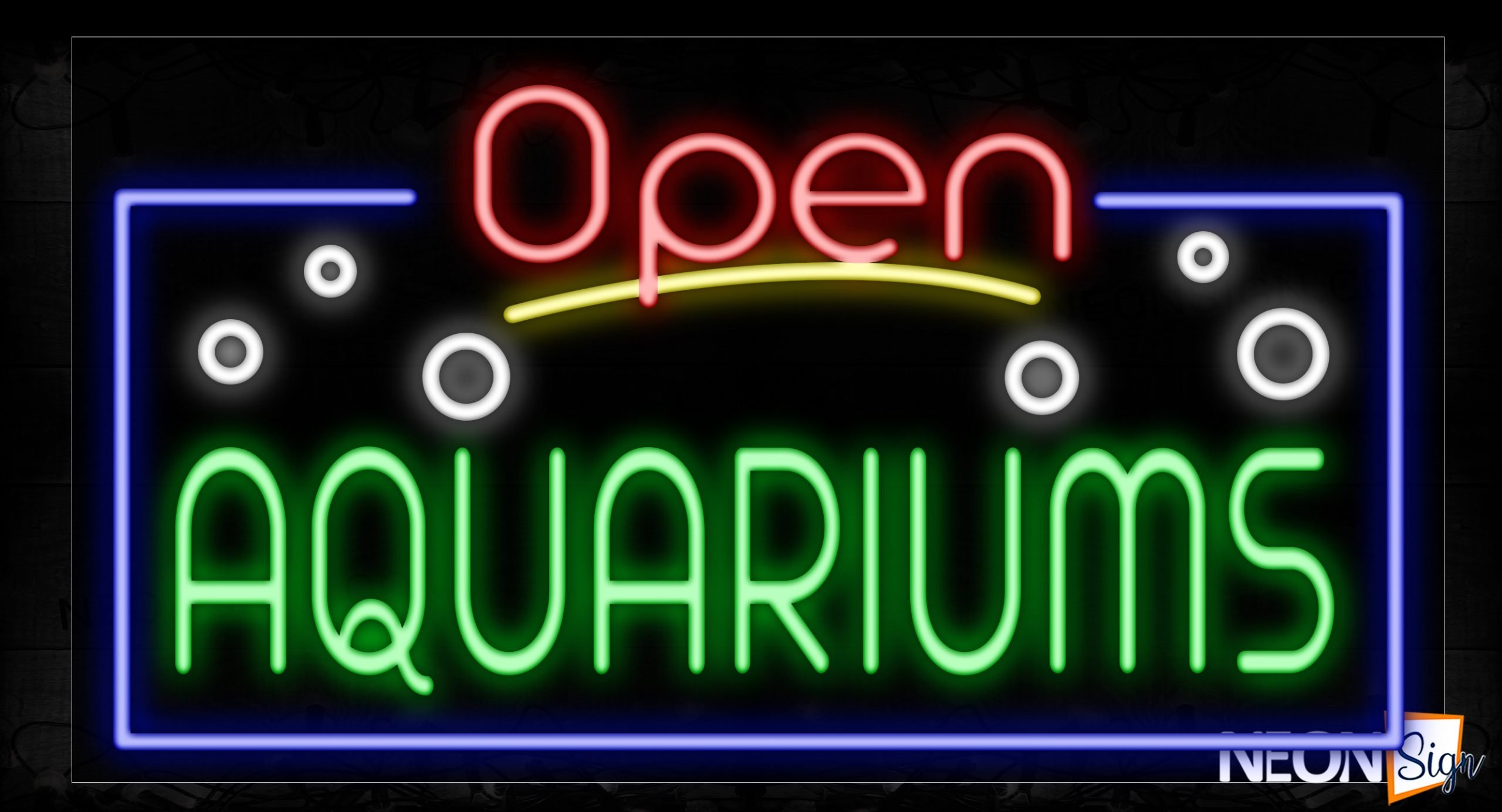 Image of 15448 Open Aquariums With Border Neon Sign_20x37 Contoured Black Backing