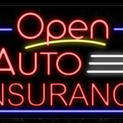 Image of 15452 Open Auto Insurance With Border Neon Signs_20x37 Black Backing