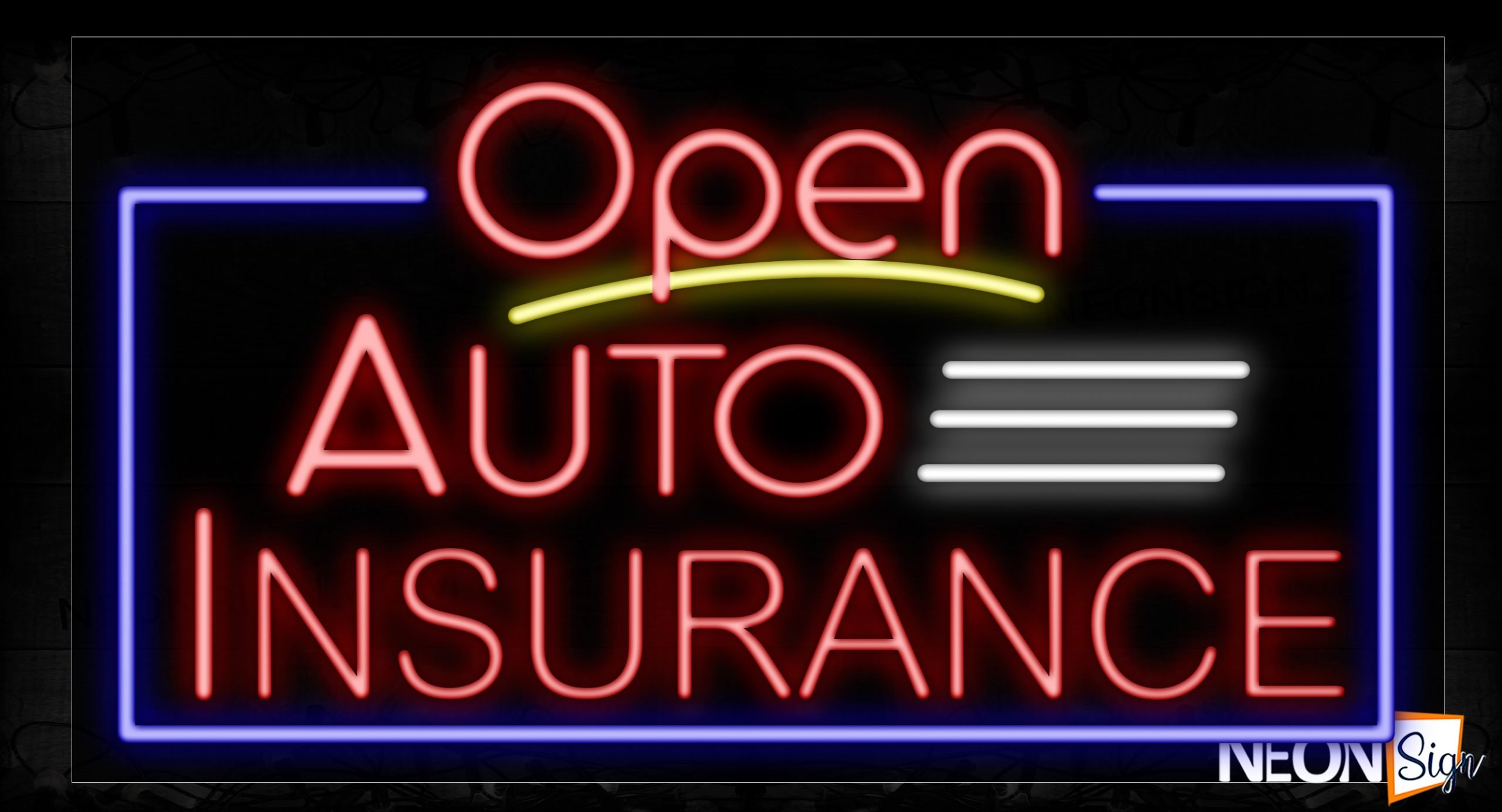 Image of 15452 Open Auto Insurance With Border Neon Signs_20x37 Black Backing