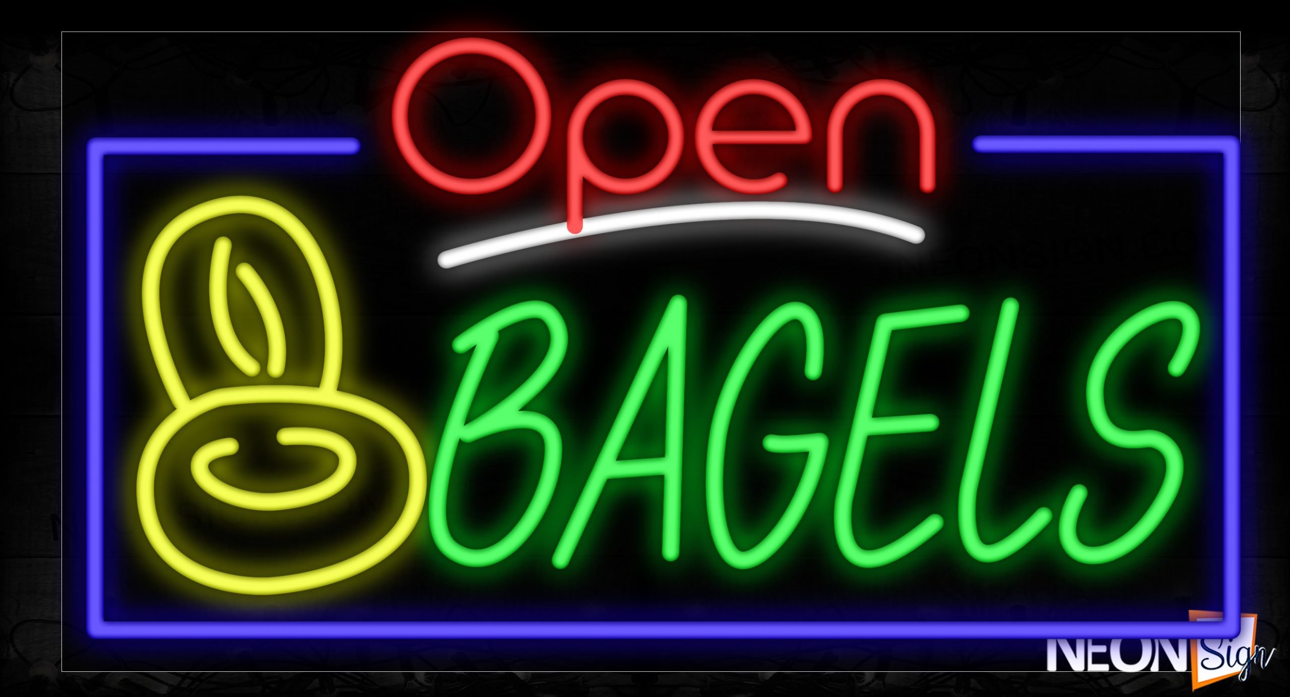 Image of 15456 Open Bagels With Border & Bread Logo Neon Signs_20x37 Black Backing
