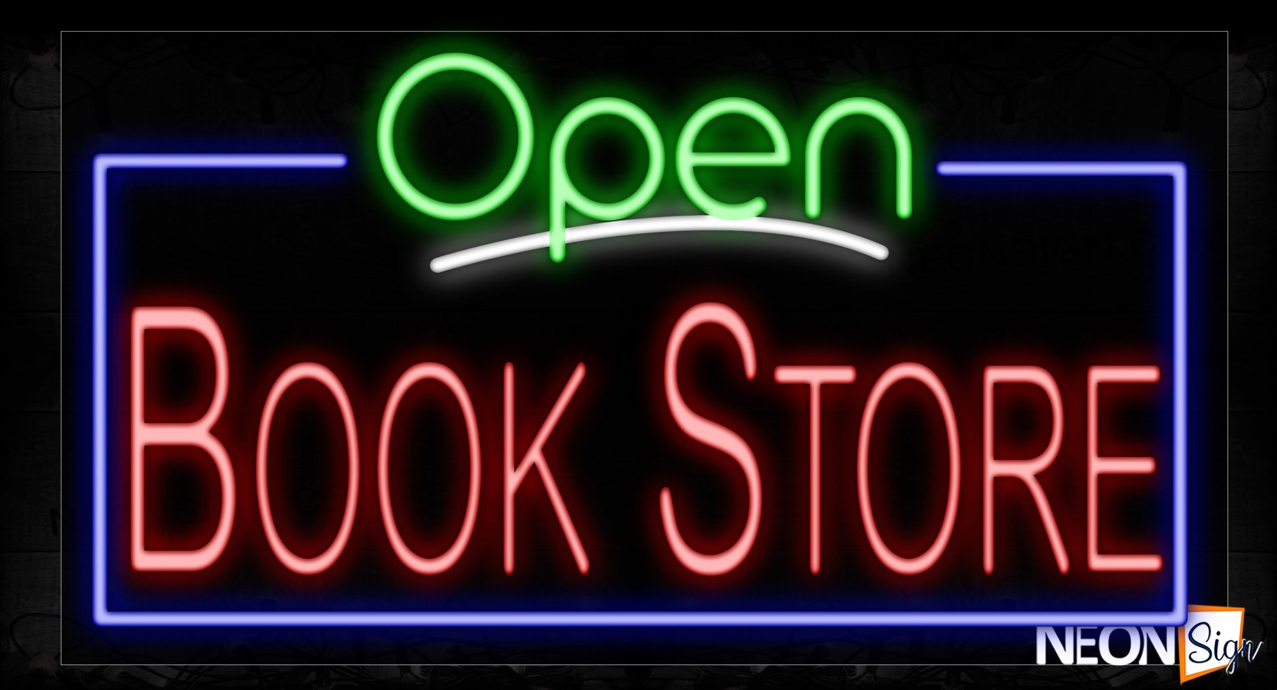 Image of 15470 Open Bookstore With Blue Border Neon Signs_20x37 Black Backing
