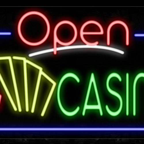 Image of 15482 Open Casino With Border & Cards Logo Neon Signs_20x37 Black Backing