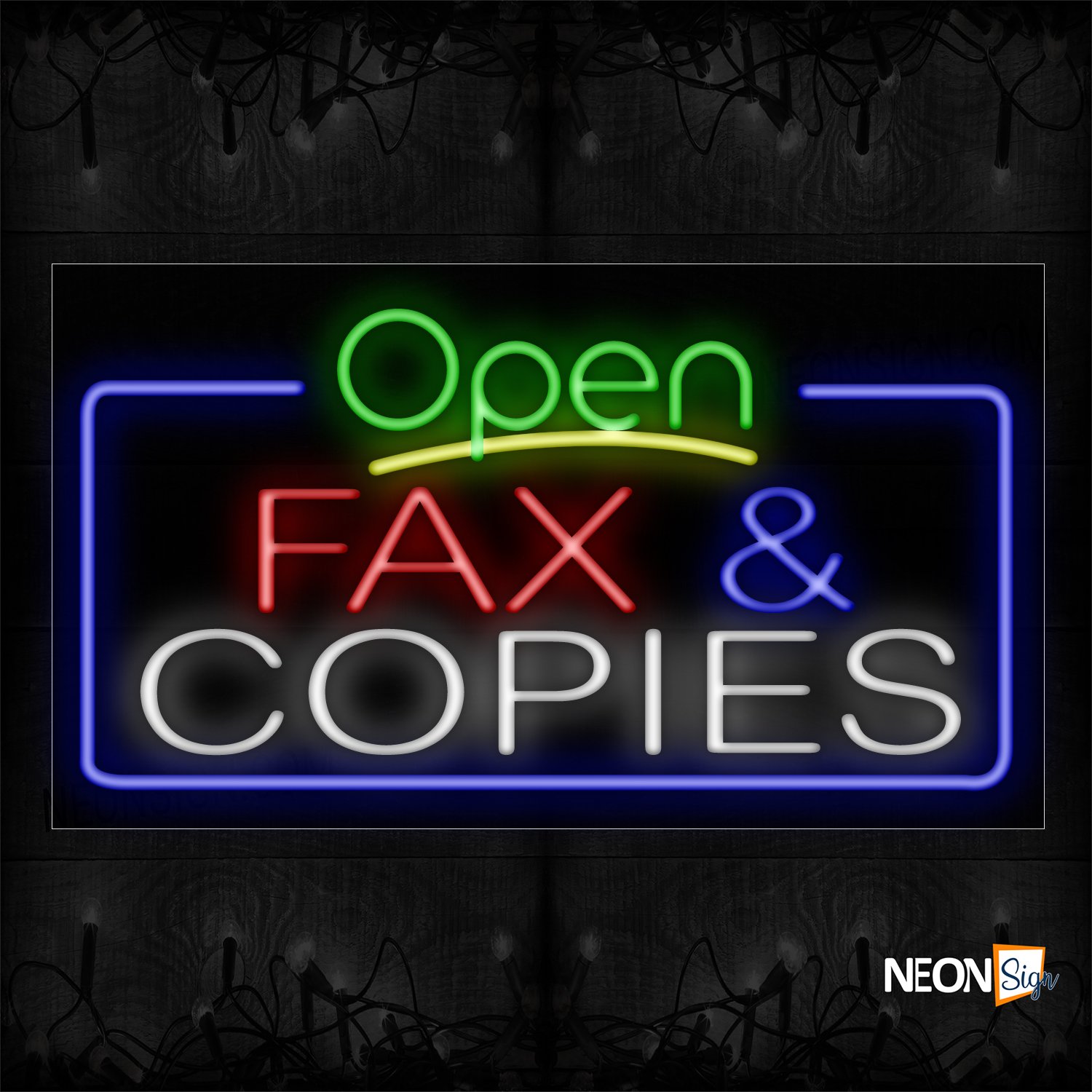 Image of 15497 Open Fax & Copies With Blue Border Neon Signs_20x37 Black Backing