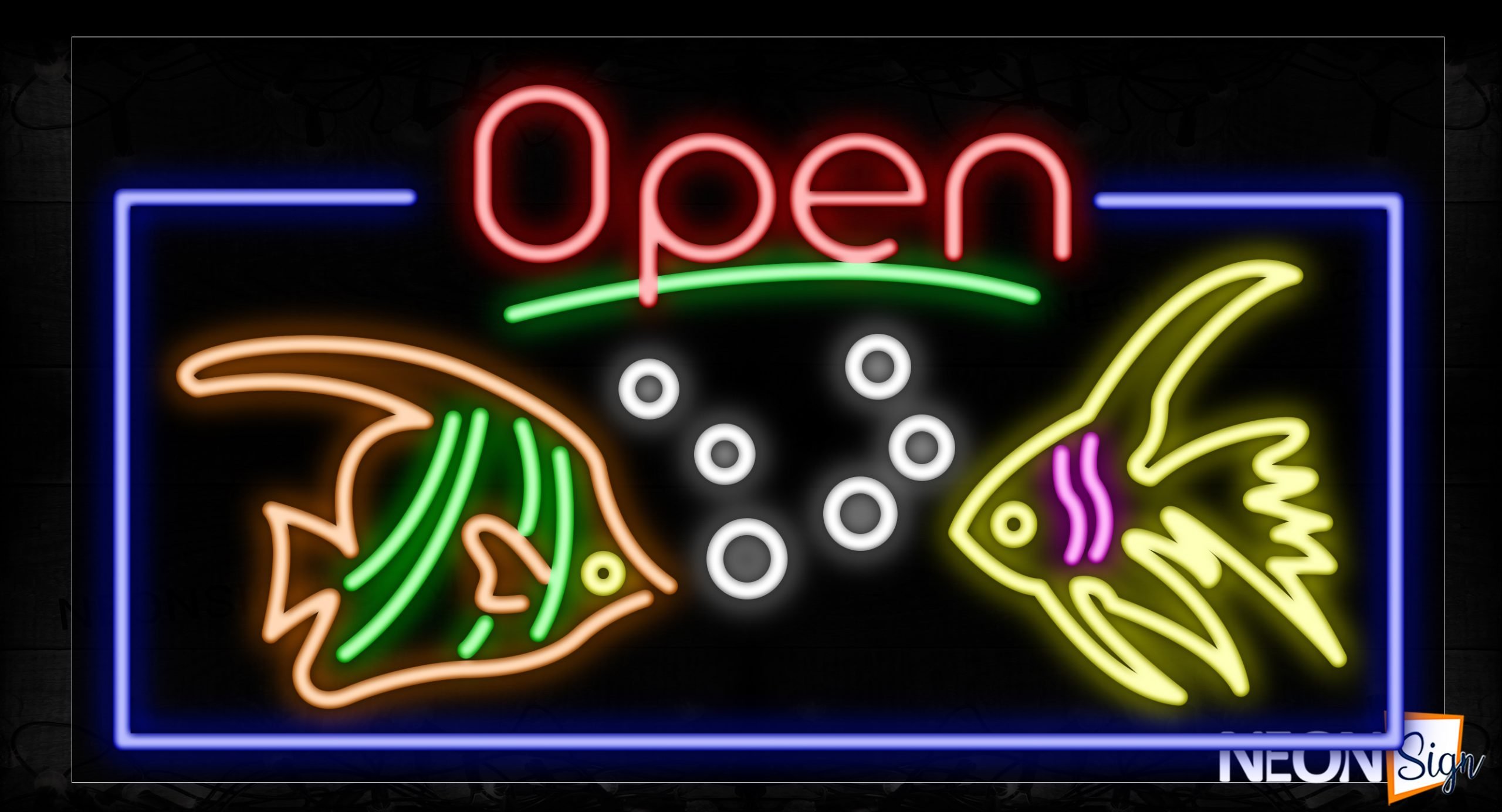 Image of 15499 Open With Border & Fish Logo Neon Sign_20x37 Contoured Black Backing