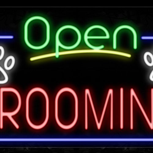 Image of Open Grooming With Border And Paw Sign Logo Neon Sign