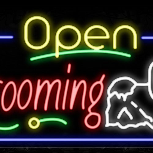 Image of Open Grooming With Dog Logo And Blue Border Neon Sign