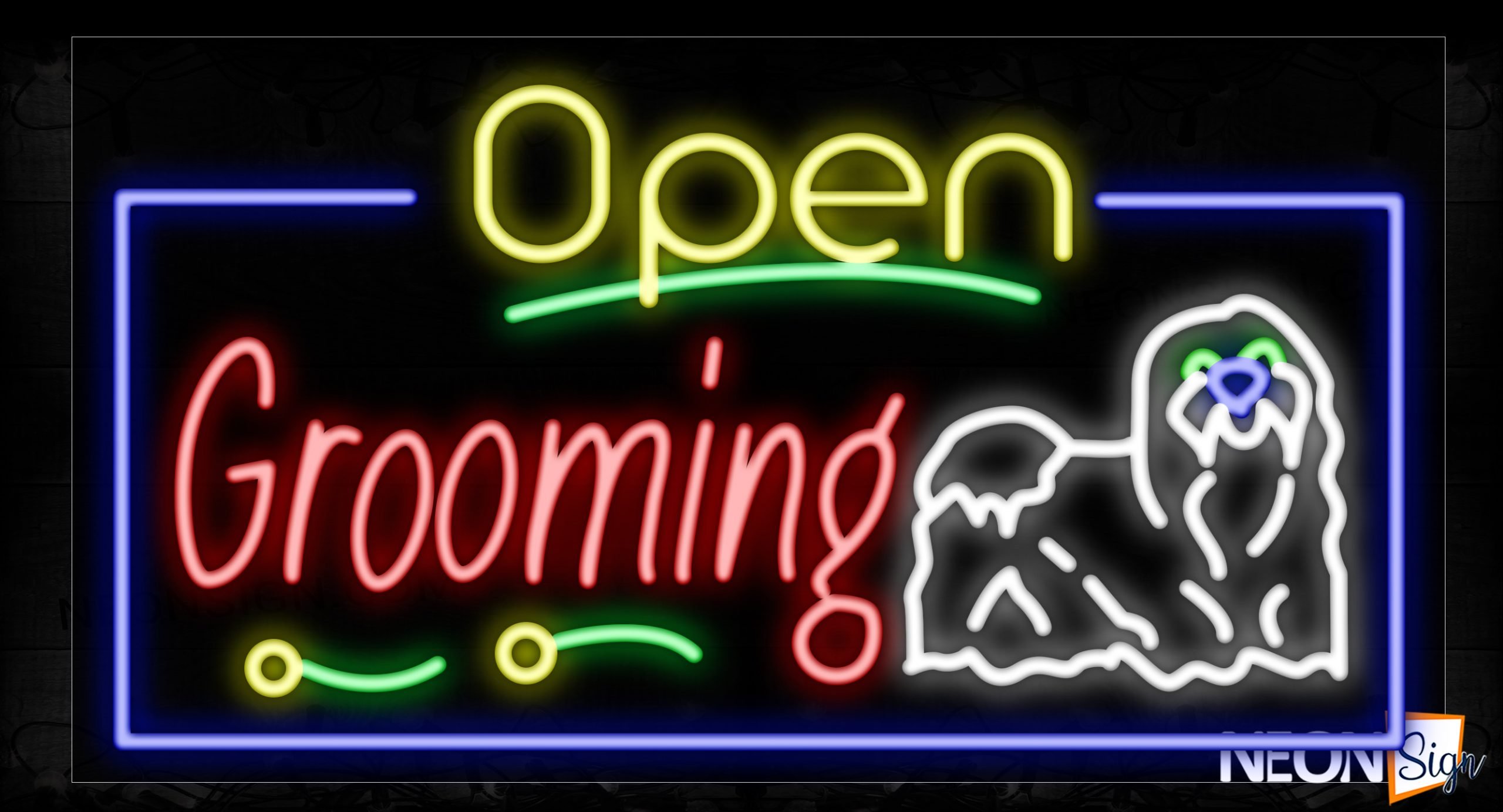 Image of Open Grooming With Dog Logo And Blue Border Neon Sign