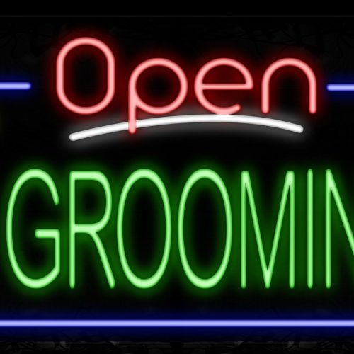 Image of Open Pet Grooming With Blue Border And White Line Neon Sign
