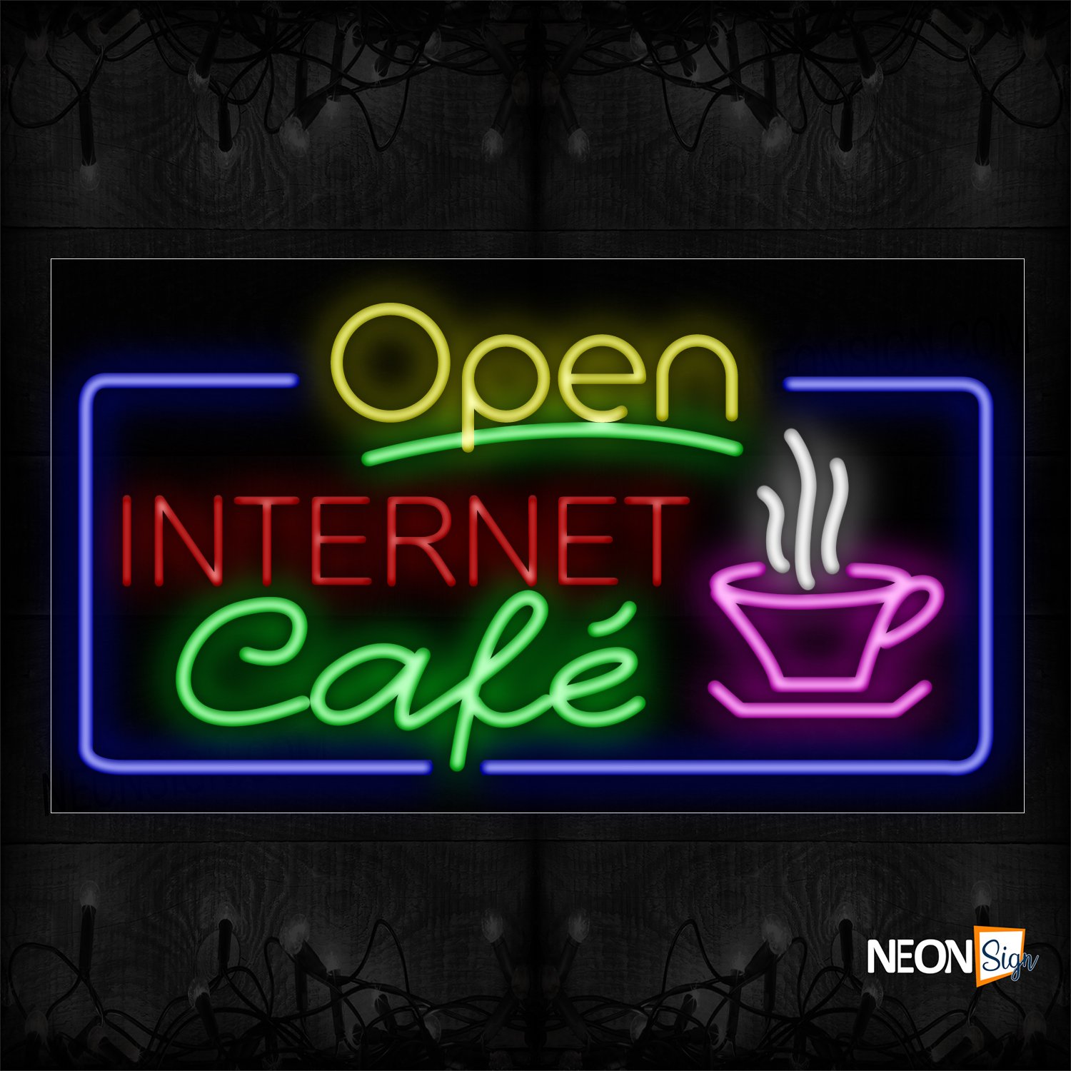 Image of 15522 Open Internet Cafe With Border & Cup Neon Signs_20x37 Black Backing