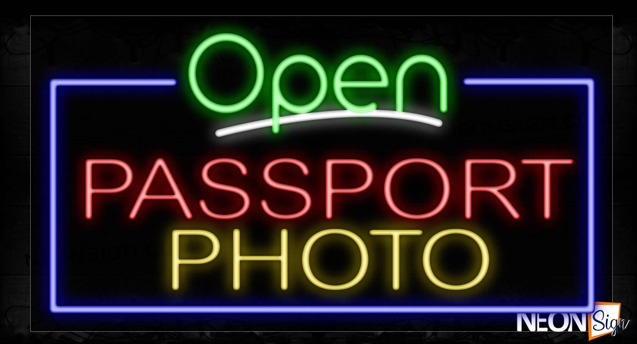 Image of 15546 Open Passport Photo With Border Neon Signs_20x37 Black Backing