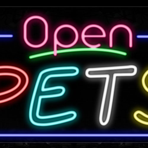 Image of 15552 Open Pets With Border Neon Sign_20x37 Contoured Black Backing