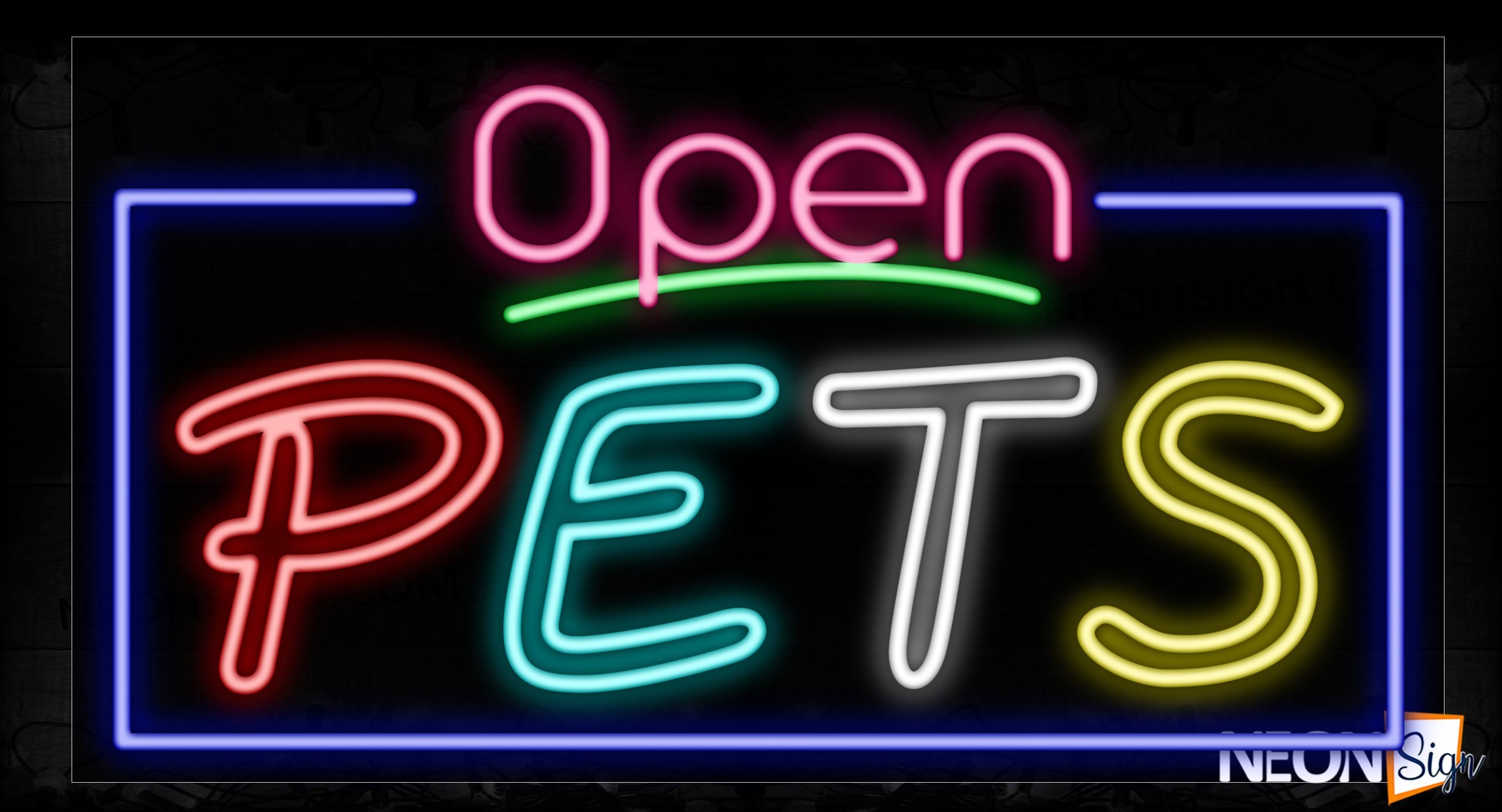 Image of 15552 Open Pets With Border Neon Sign_20x37 Contoured Black Backing