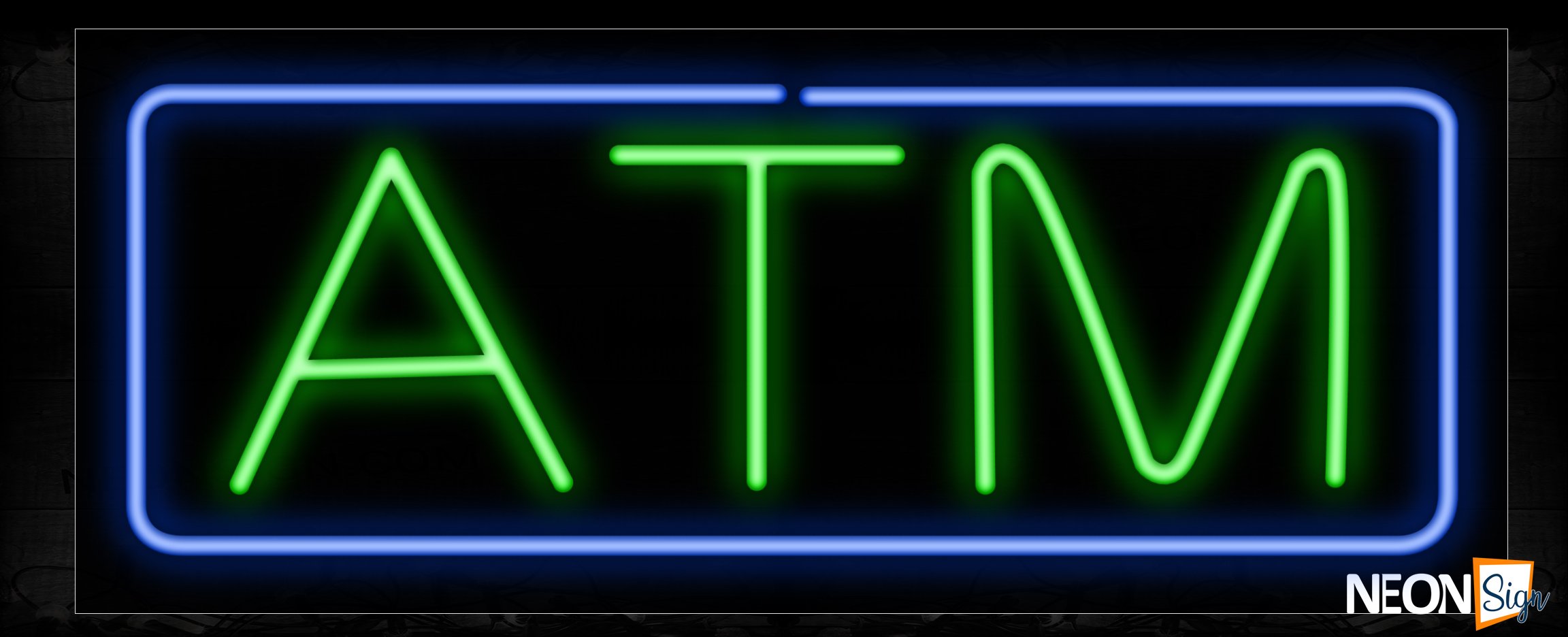 Image of 10010 ATM in green with blue border Neon Sign_13x32 Black Backing