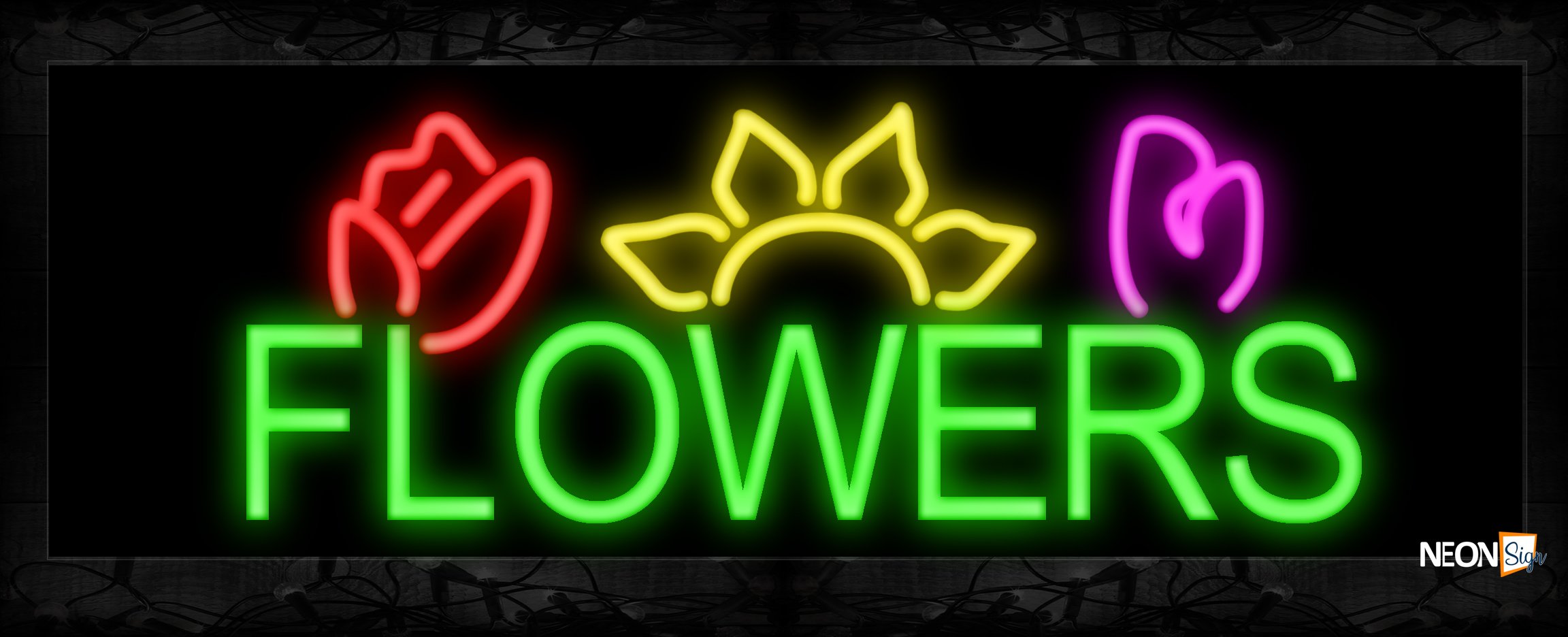 Image of 10059 Flower in green with flowers logo Neon Sign 13x32 Black Backing