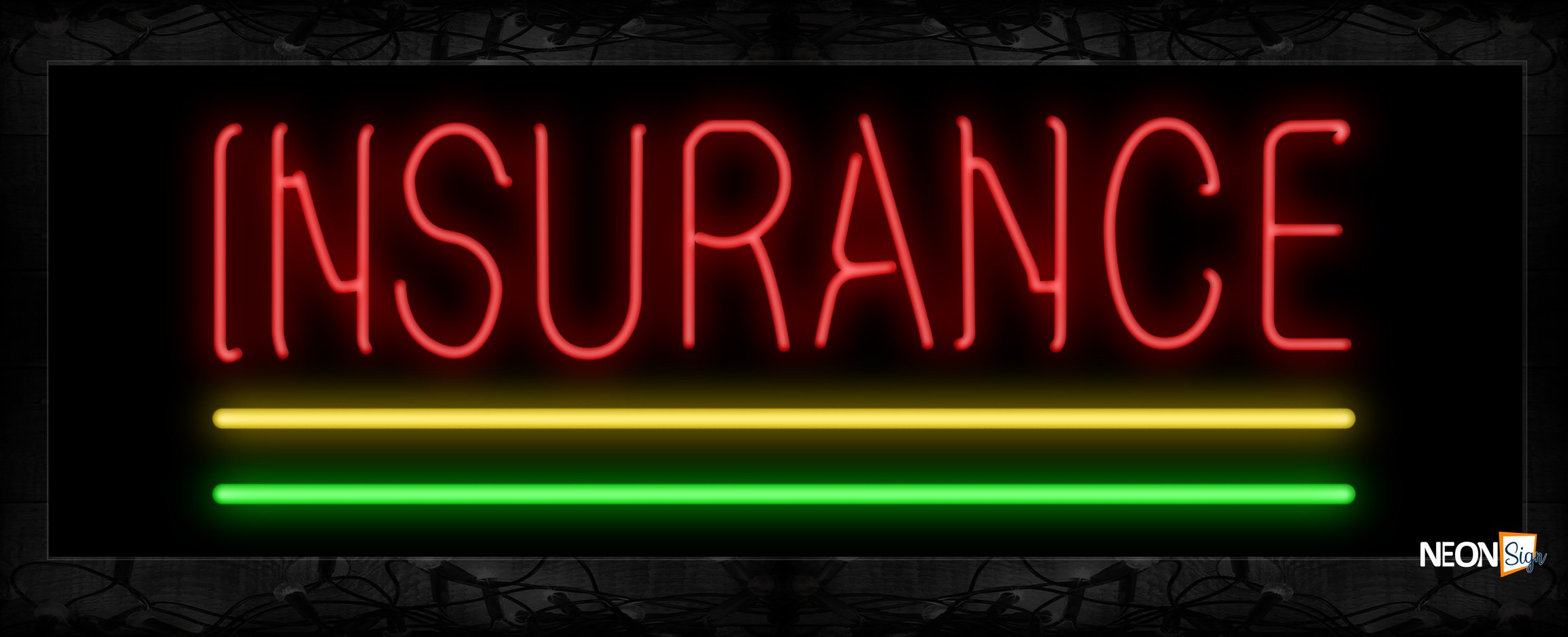 Image of 10079 Insurance with yellow and green lines Neon Sign 13x32 Black Backing