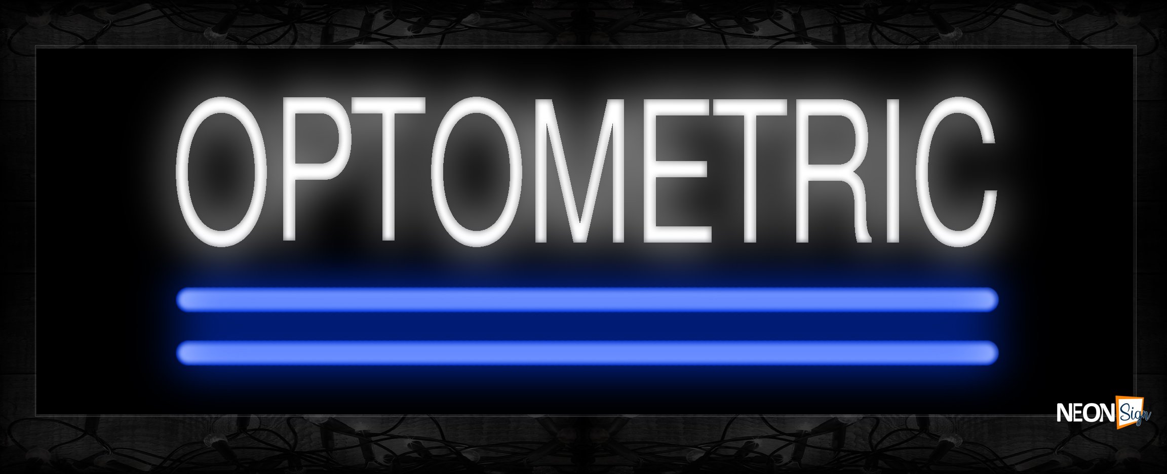 Image of 10098 Optometric in white with blue lines Neon Sign 13x32 Black Backing