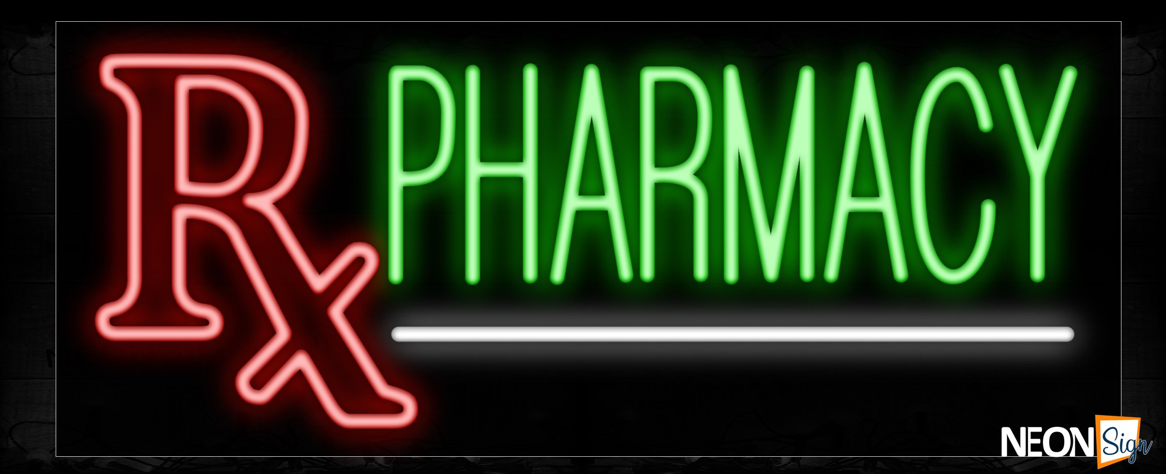 Image of 10107 Rx Pharmacy with white line Neon Sign_13x32 Black Backing