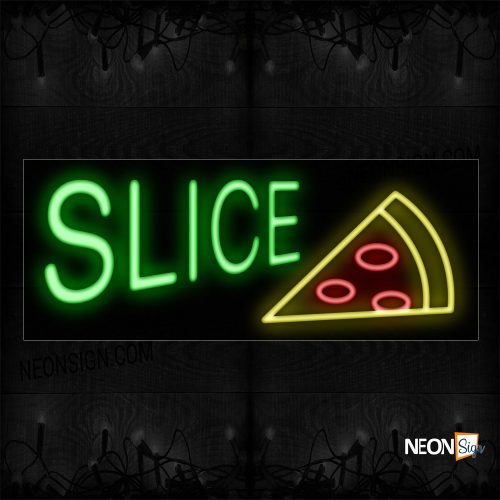 Image of 10125 Slice in green With Pizza Logo Neon Sign_13x32 Black Backing