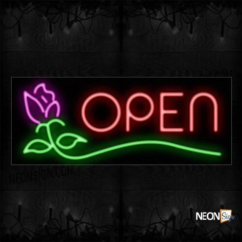 Image of 10434 Open in red with flower logo Neon Signs_13x32 Black Backing