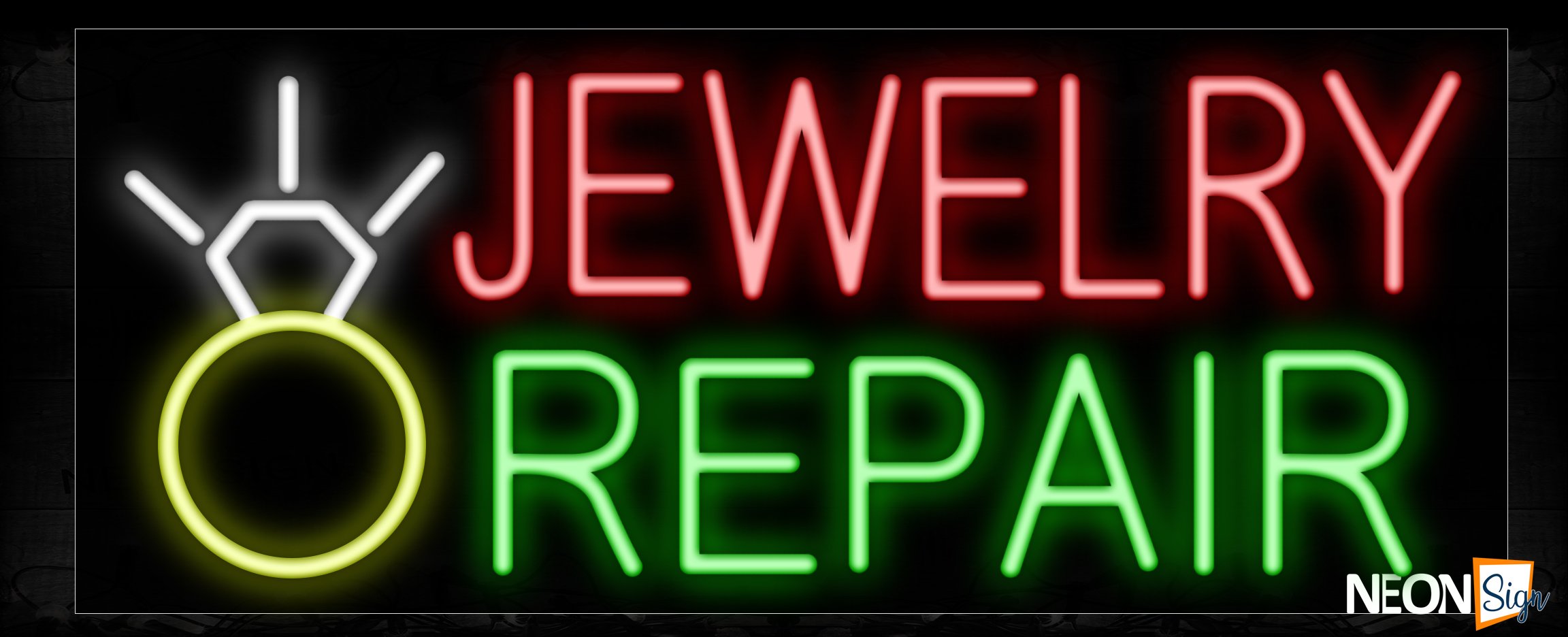 Image of 10490 Jewelry Repair with ring logo Neon Sign_13x32 Black Backing