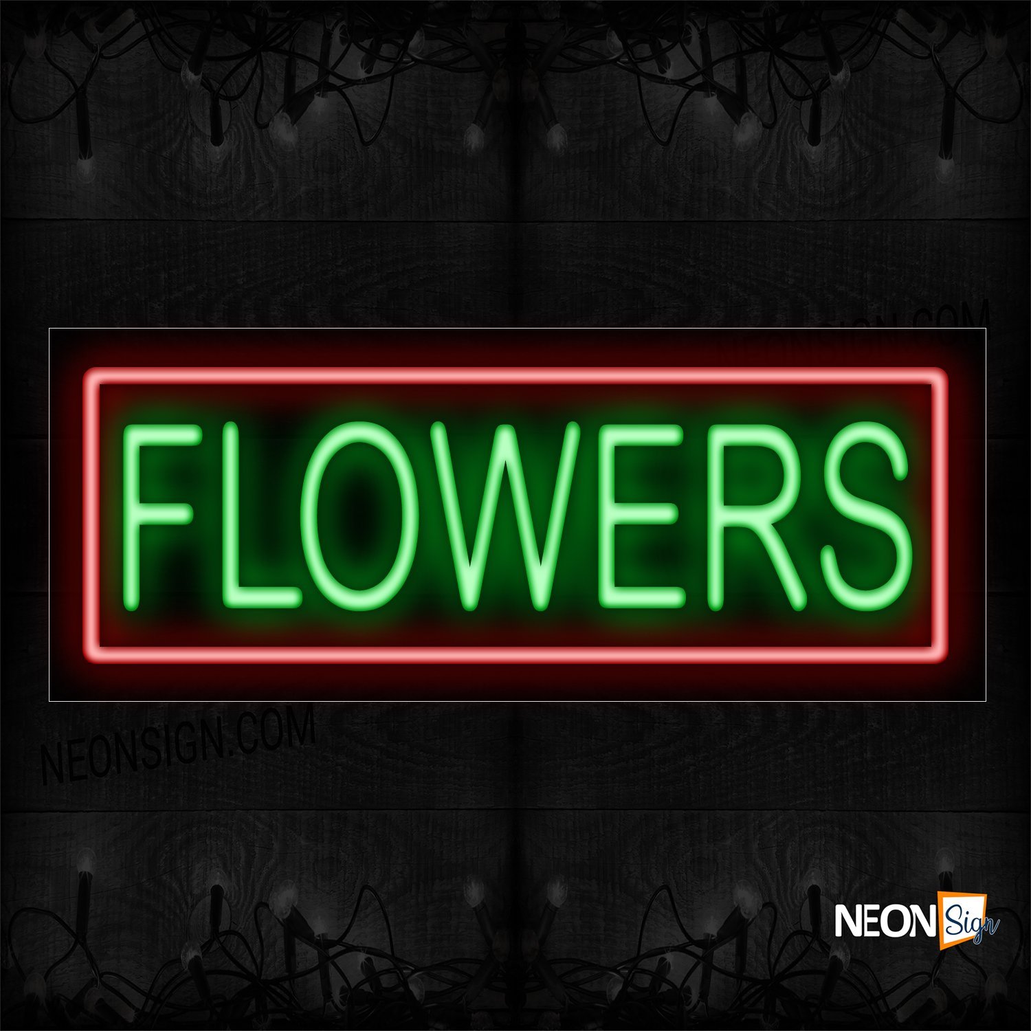 Image of 10548 Flowers In Green With Red Border Neon Sign_13x32 Black Backing