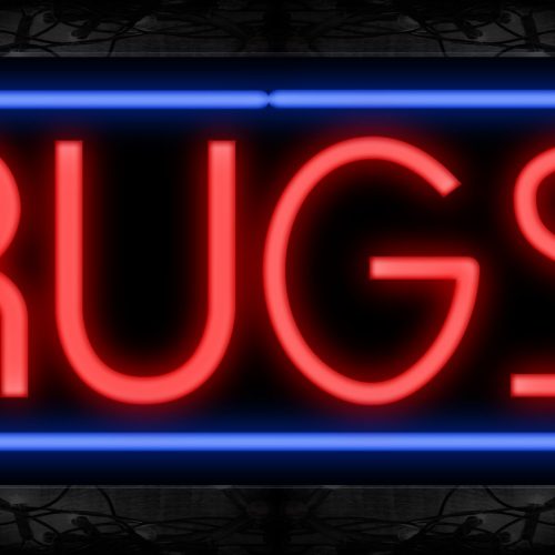 Image of 10618 RUGS in red with blue border Neon Sign 13x32 Black Backing
