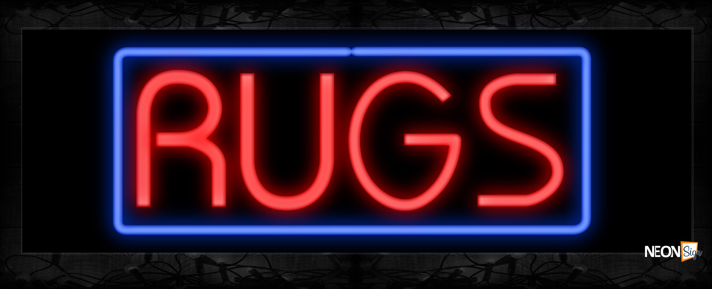 Image of 10618 RUGS in red with blue border Neon Sign 13x32 Black Backing