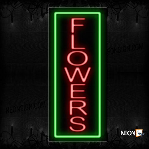Image of 10658 Flowers In Red With Green Border (Vertical) Neon Sign_13x32 Black Backing