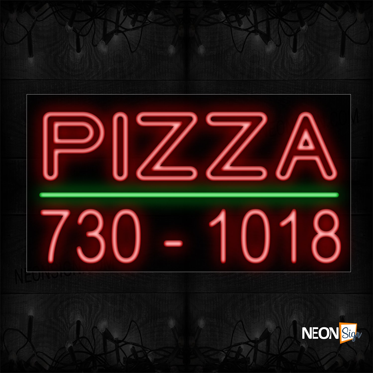 Image of 10691 Double Stroke Pizza And Phone Number with Green Line Neon Sign_20x37 Black Backing