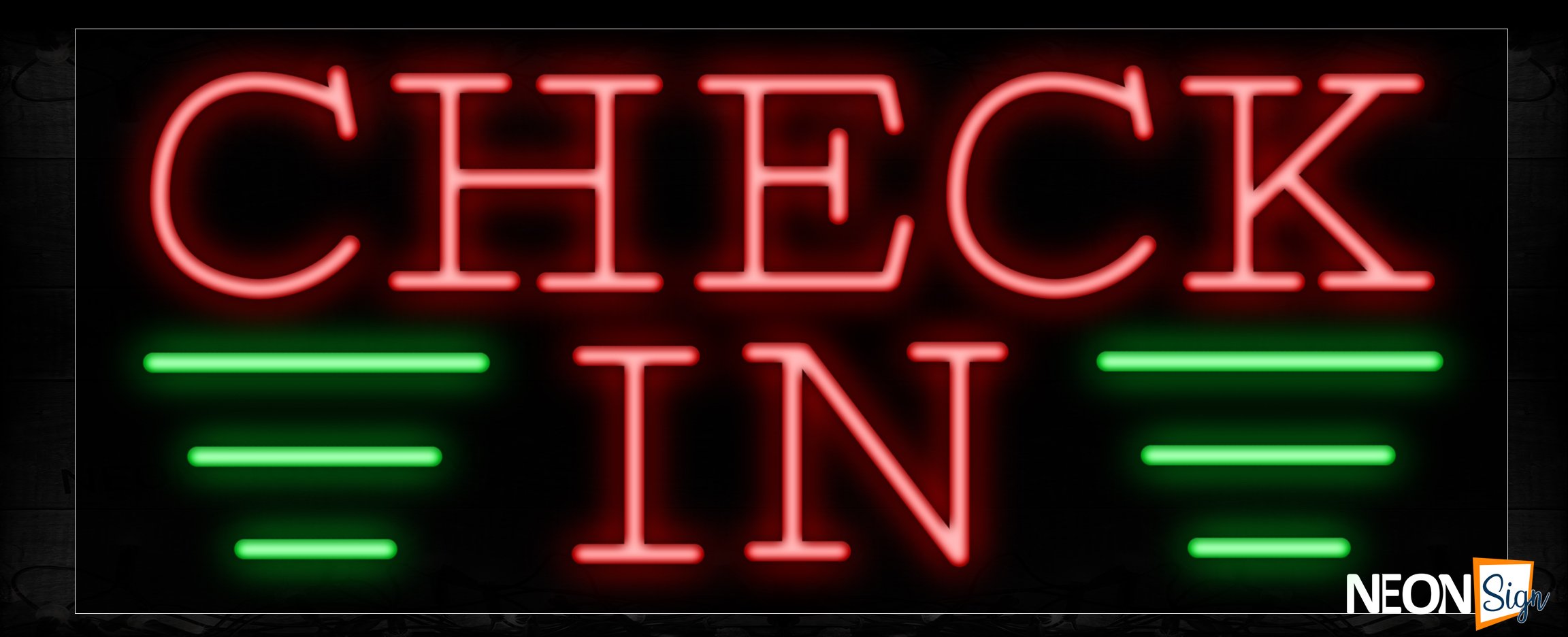 Image of 10764 Check IN with green lines Neon Sign_13x32 Black Backing