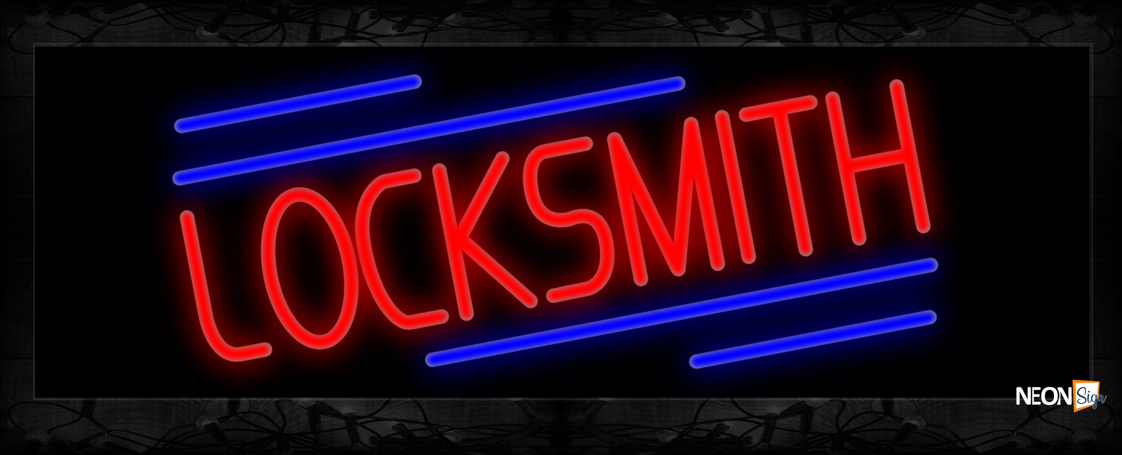 Image of 10826 Locksmith with blue lines Neon Sign 13x32 Black Backing